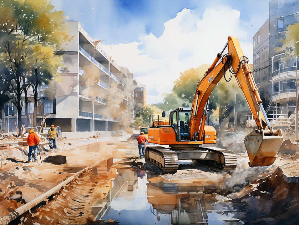 AI Baustellen Bild Stadt Bagger Arbeiter